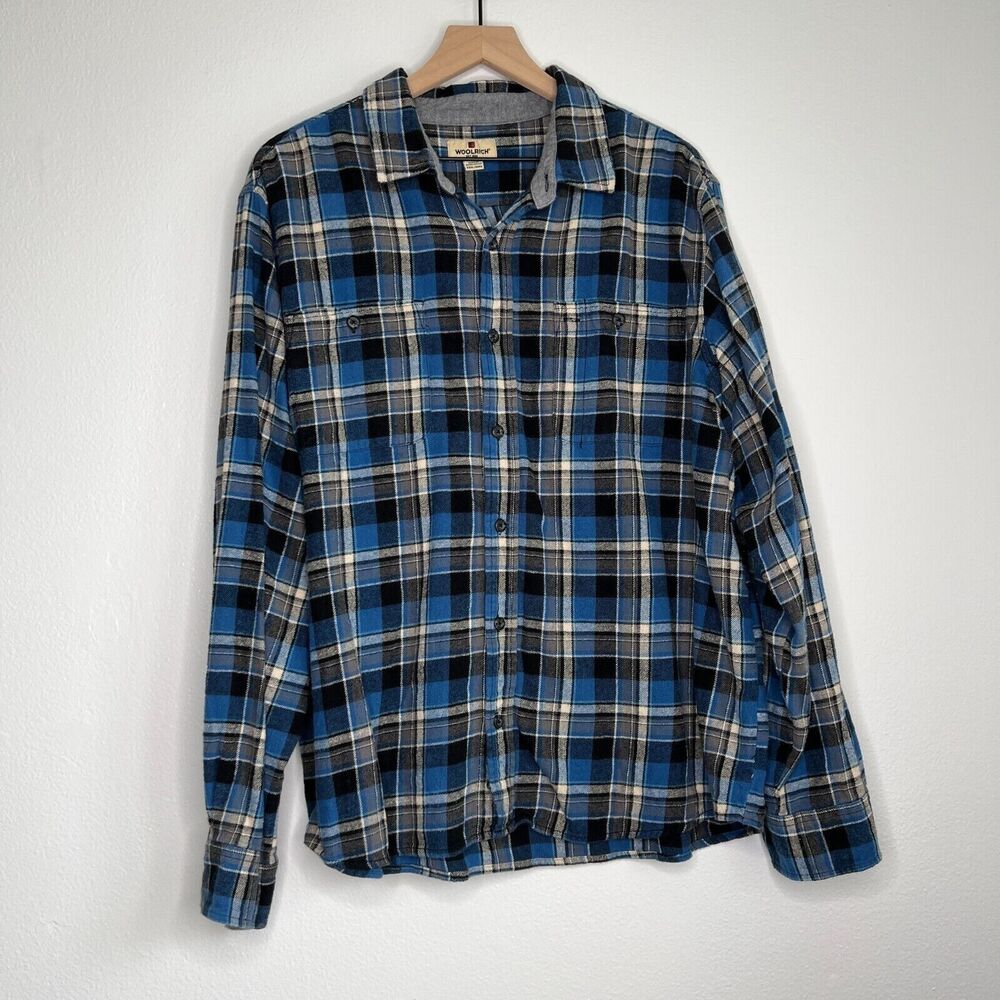 Woolrich Mens Flannel Shirt Blue Grey Black Button Down Cotton Outdoor Casual XL